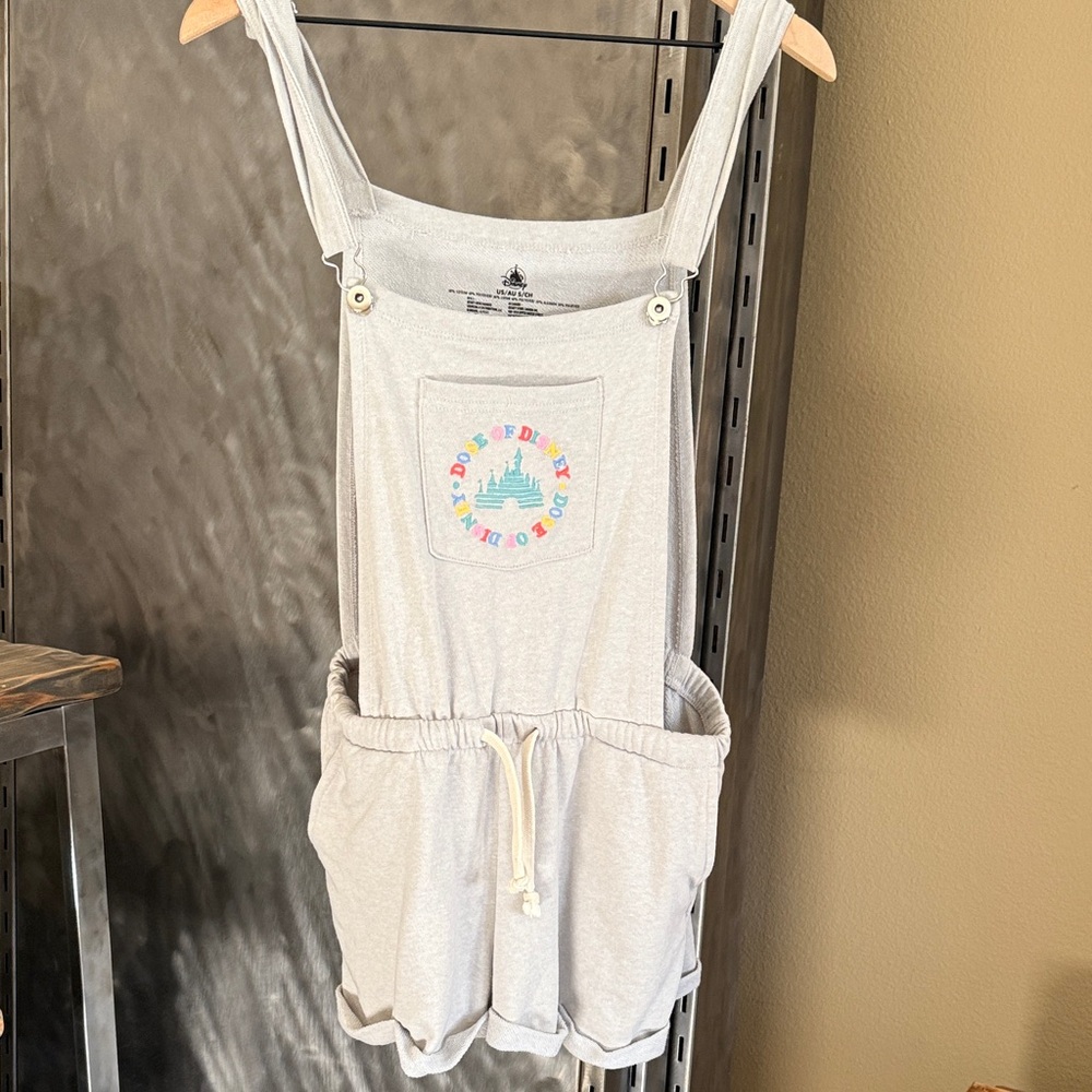 Disney Light Gray Overalls with Colorful Logo Sz Adult Small